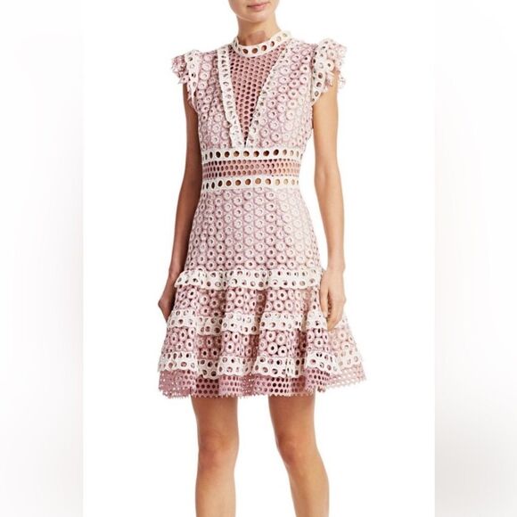 S E A Josie Crochet Lace Blush and White Mini Ruffle Dress sz 2 - Picture 1 of 16